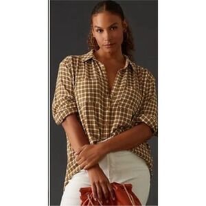 Anthropologie Pilcro Moss Plaid Button Down Long Sleeve Shirt Women's Large NEW